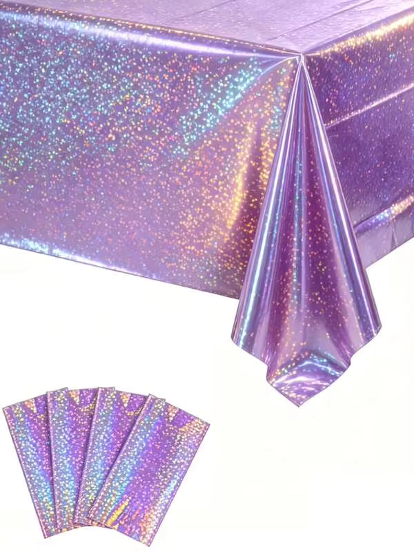 1/2 Pack Purple Laser Holographic Disposable Tablecloth, 137*274/220cm Shiny Color-Changing Table Cover, Suitable For Birthday Party Wedding Decor, Baby Shower Party Decor, Aluminum Foil Material Party Birthday Decor, Wedding Party Backdrop Decor