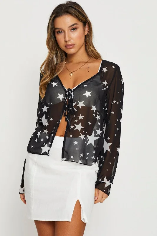 Print Sheer Top Long Sleeve