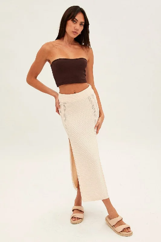 Beige Midi Skirt Knit Front Split