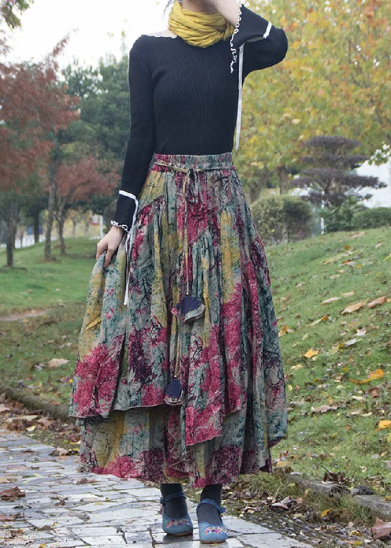 Bohemian Print Wrinkled Asymmetrical Patchwork Cotton Skirts Fall