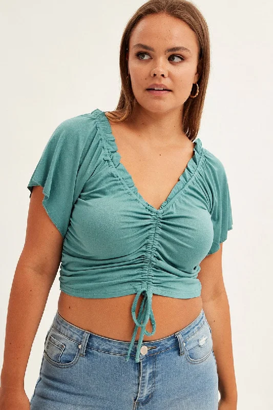 Green Crop Top Short Sleeve Frill Edge Drawstring