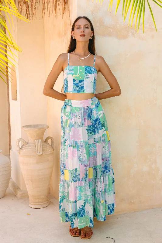 Maeve Aqua Blue Green Abstract Tiered Maxi Skirt