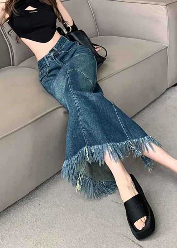 Women Navy High Waist Patchwork Tassel Denim Maxi Skirts Summer