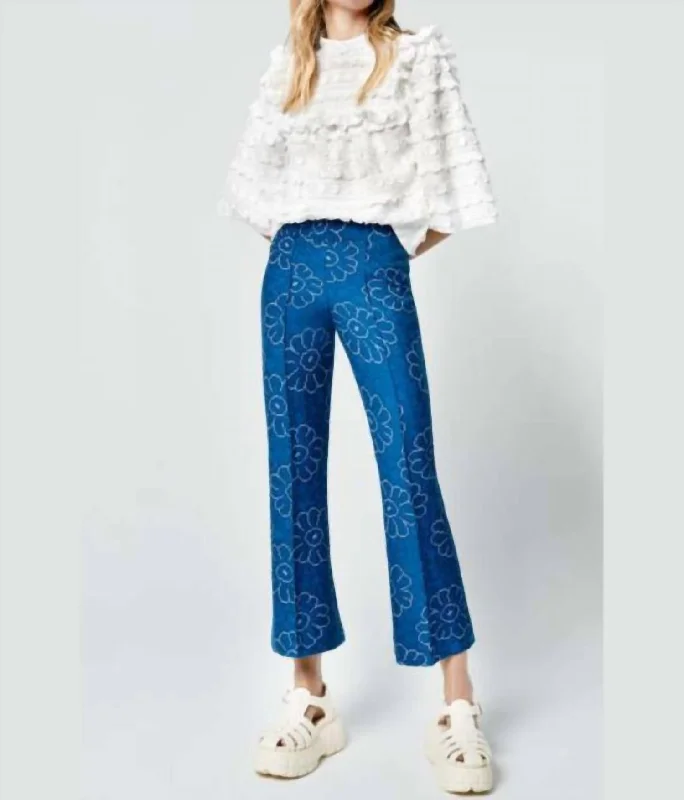 Cropped Pintuck Pant In Indigo Floral