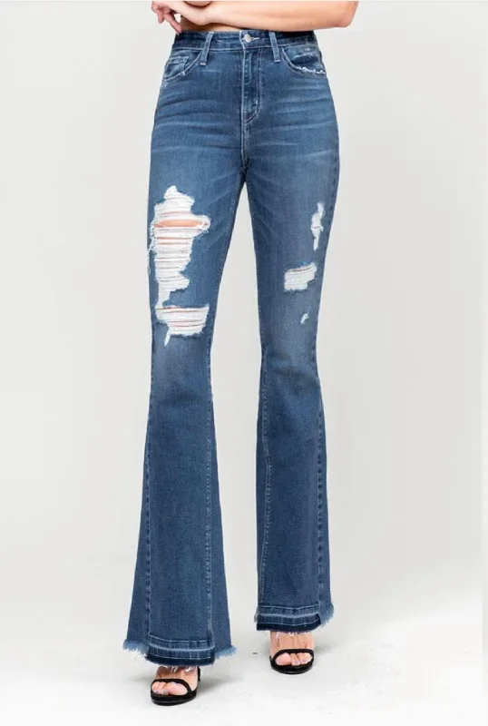 Distressed Insert Panel Flare Jeans In Dark Blue