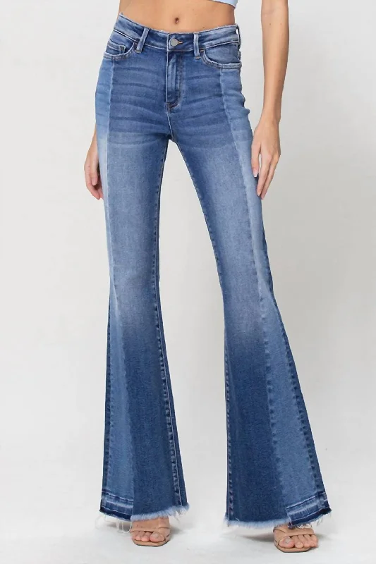 Vivian High Rise Contrast Panel Flare Jeans In Blue