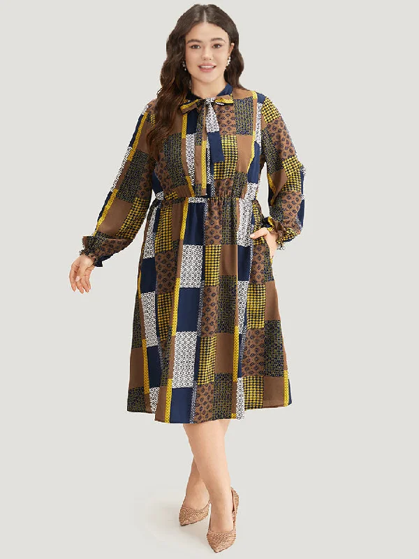 Colorblock Patchwork Lantern Sleeve Knot Dress