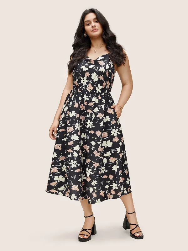 Floral Cowl Neck Adjustable Straps Cami Dress