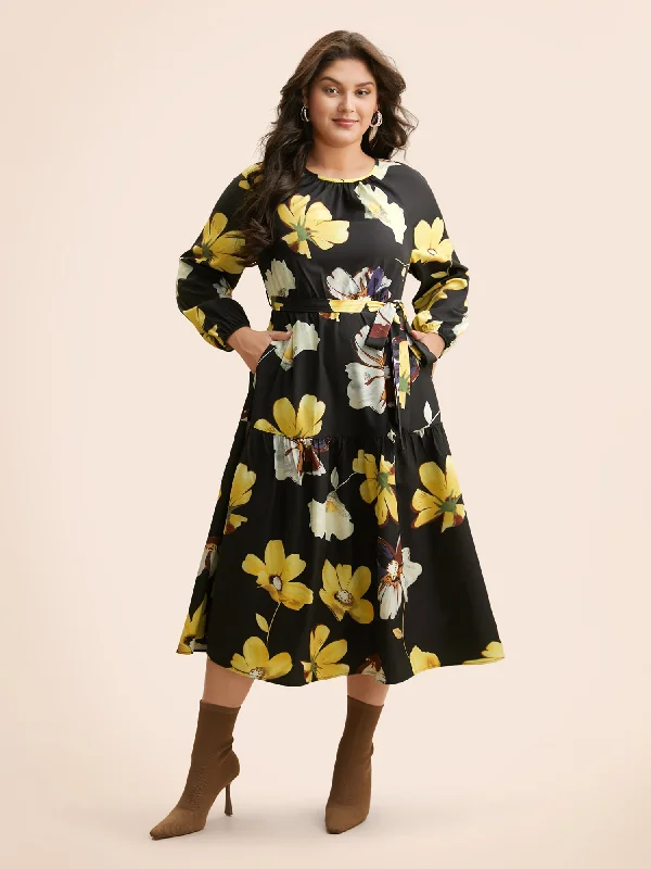 Floral Round Neck Gathered Belted Dress