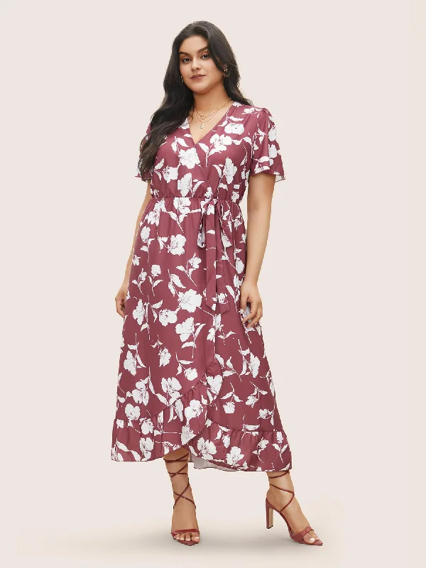 Floral Ruffle Knot Side Wrap Dress