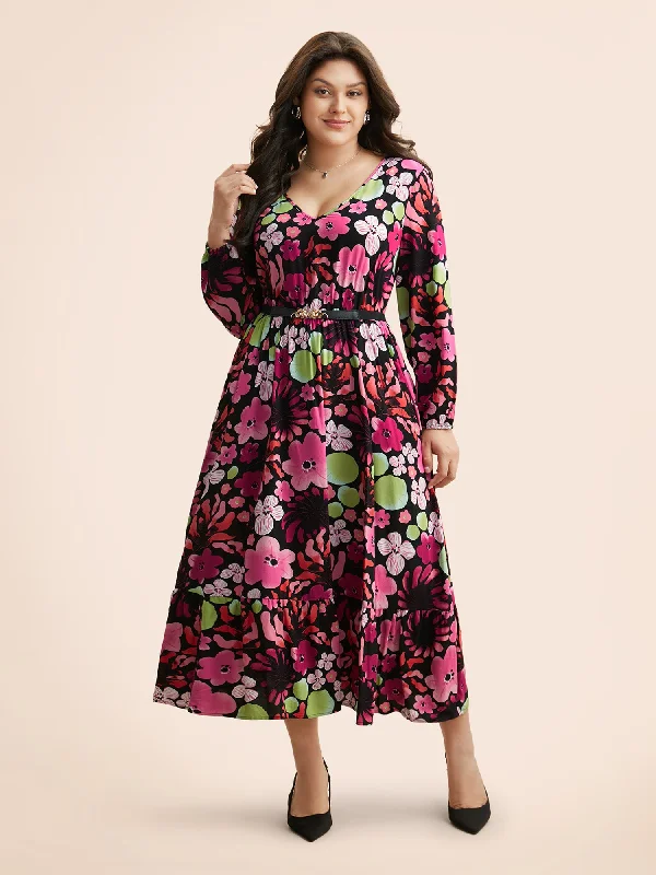 Floral V Neck Lantern Sleeve Dress