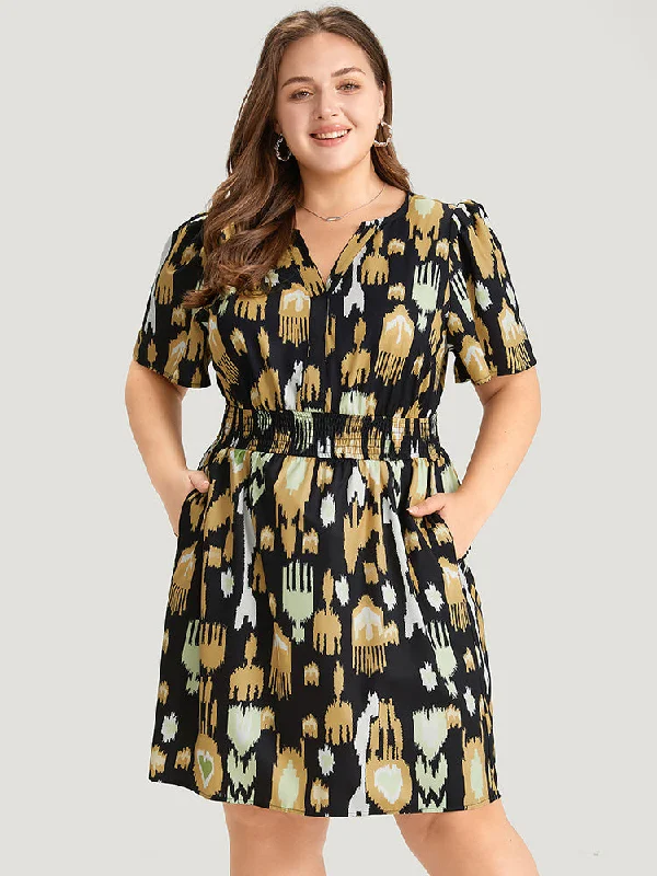 Graphic Print Notched Shirred Pocket Puff Sleeve Dress