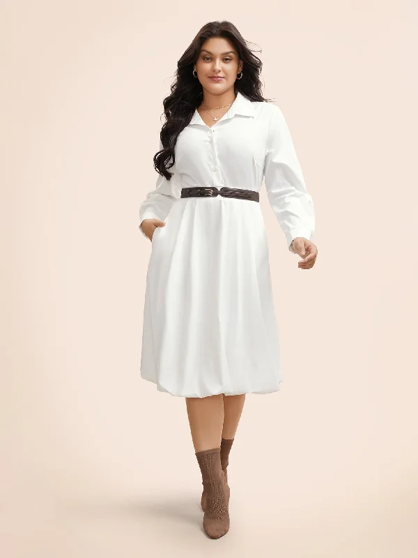 Plain Shirt Collar Shirred Bubble Dress