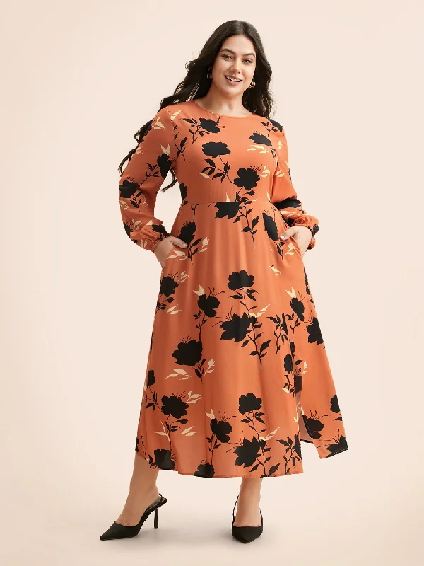 Silhouette Floral Print Lantern Sleeve Slit Hem Dress