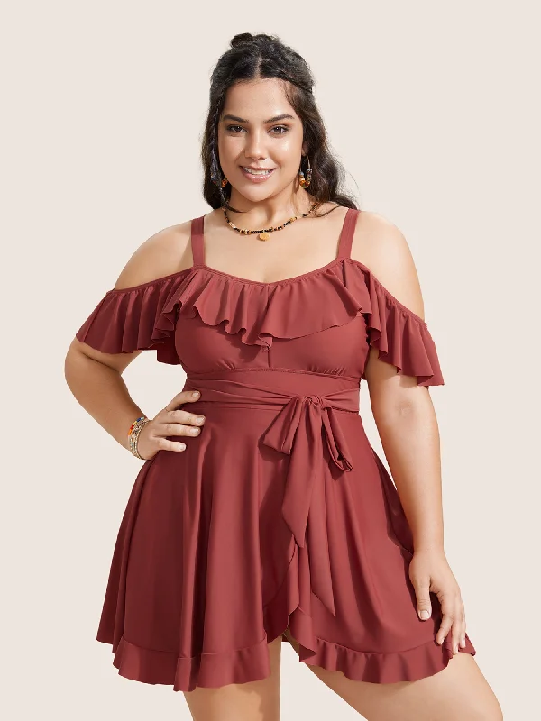 Solid Cold Shoulder Ruffles Tie Knot Swim Dress