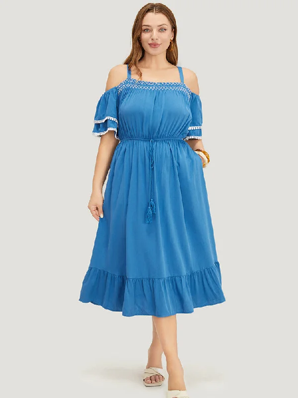 Solid Tiered Sleeve Pocket Ruffles Cold Shoulder Pompom Trim Dress