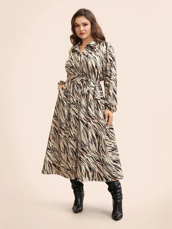 Zebra Print Shirt Collar Belted Dress