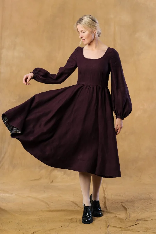 Carmen Dress, Long Sleeve, Twill Linen, Royal Grape