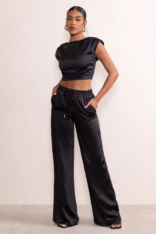 Kelilah | Black Satin Wide Leg Jogger With Pockets