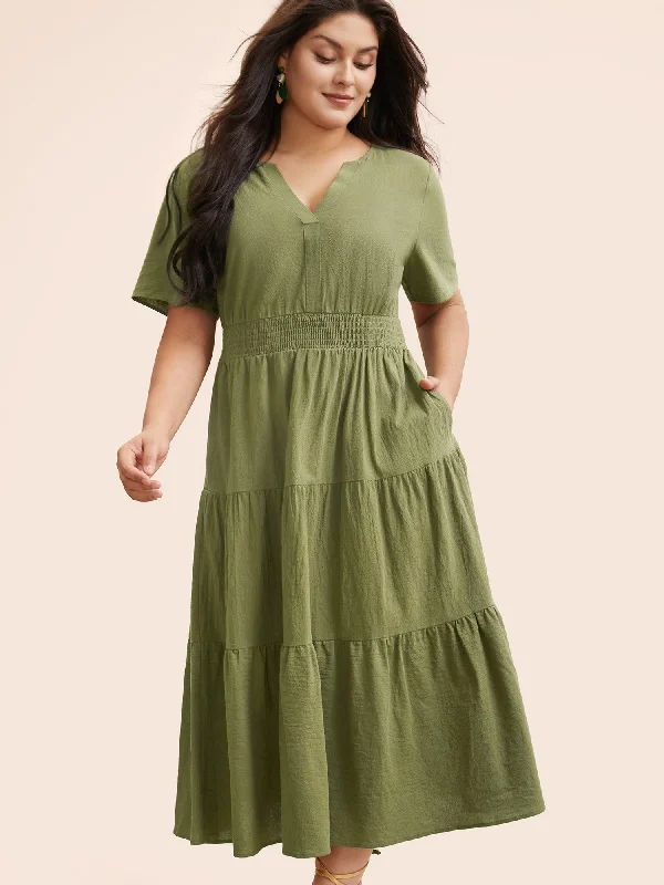 Notched Shirred Ruffle Layered Hem Dress