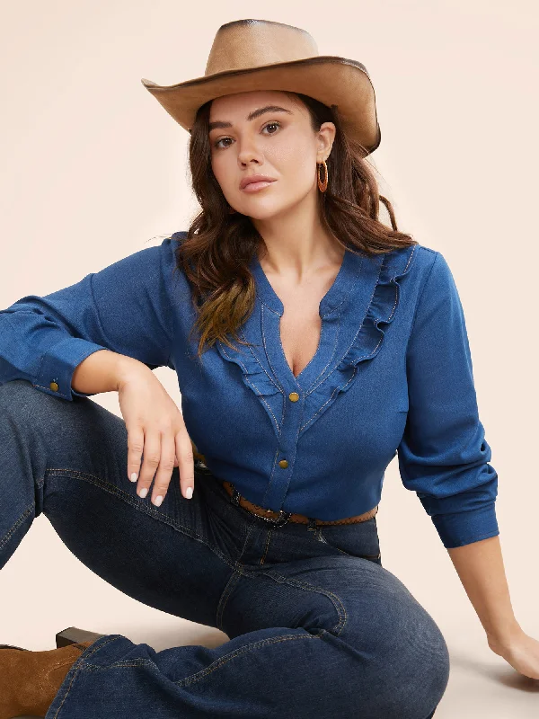 Stretch Denim Lotus Leaf Neckline Shirt