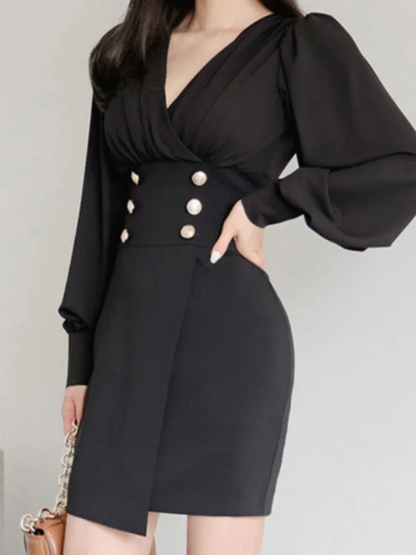 BerryBetty - Button Embellished Long Sleeve Midi Dress