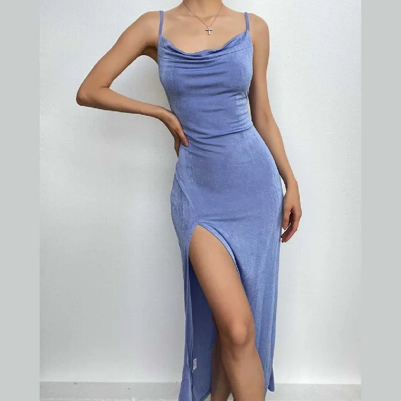 BerryBetty - Cowl neck slit backless solid irregular cami midi dress