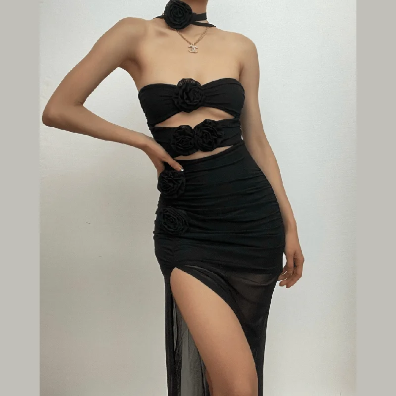 BerryBetty - Flower applique sheer mesh hollow out solid backless zip-up slit tube midi dress