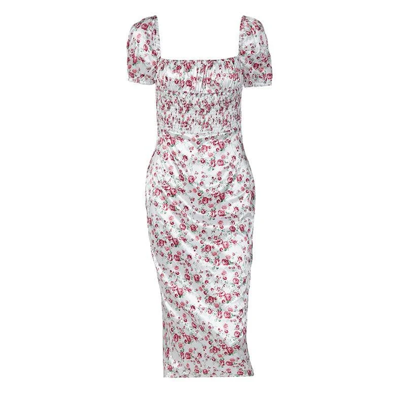 BerryBetty - Satin flower pattern print zip-up ruched square neck short sleeve midi dress