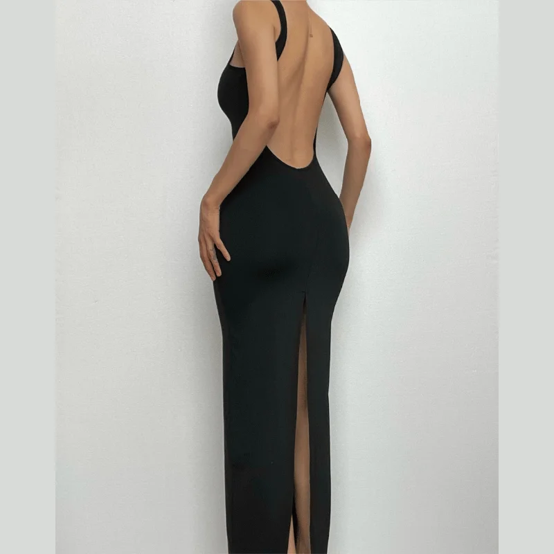 BerryBetty - Sleeveless round neck solid backless slit midi dress