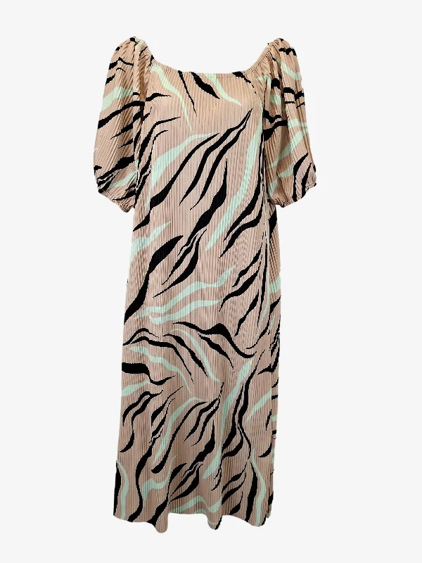 Warehouse Crinkle Pleat Puffy Sleeve Midi Dress Size 10