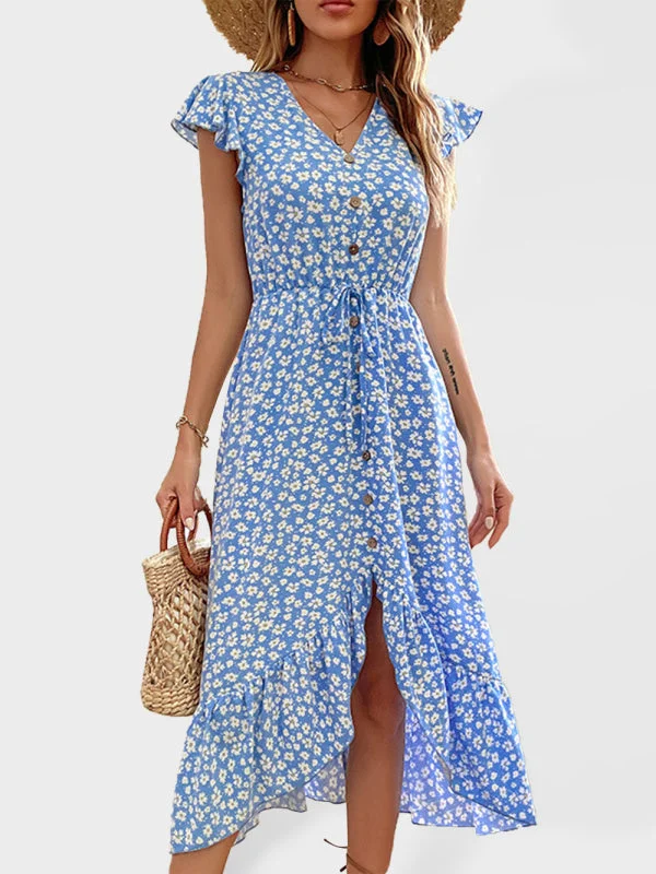 BerryBetty - Women's Floral Print Flutter Sleeve V-neck Midi Dress