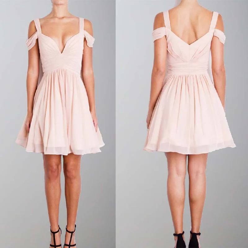 A-Line Straps Dusty Pink Short Chiffon Off-Shoulder Mini Bridesmaid Dresses, WG258