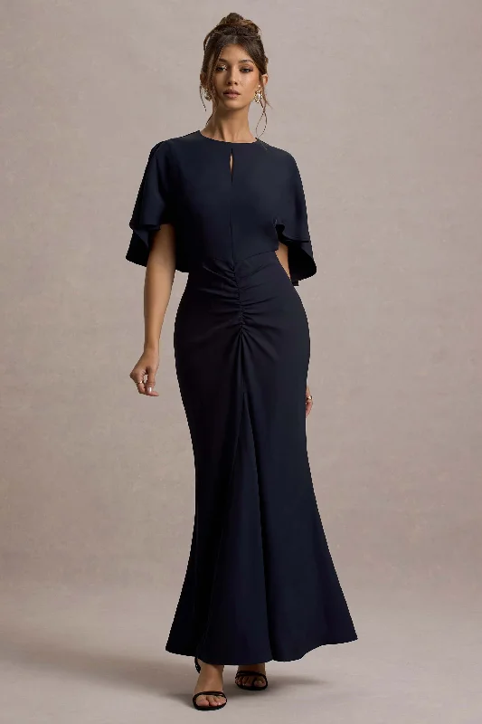 Allison | Navy High-Neck Maxi Dress With Cape