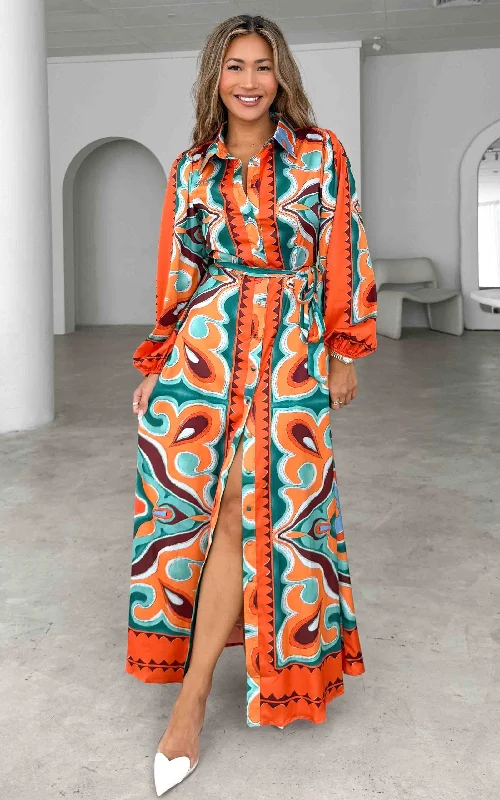 Augustine Long Sleeve Maxi Dress -  Orange Green Multi Print