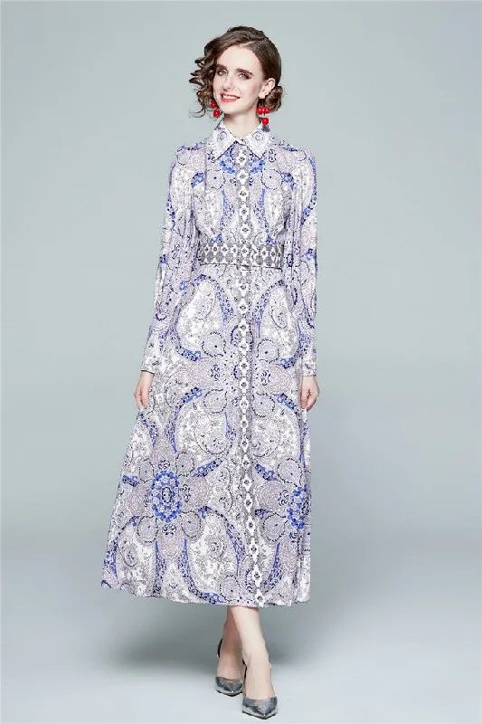 Blue Day A-line Shirt Colar Long Sleeve Maxi Printed Dress