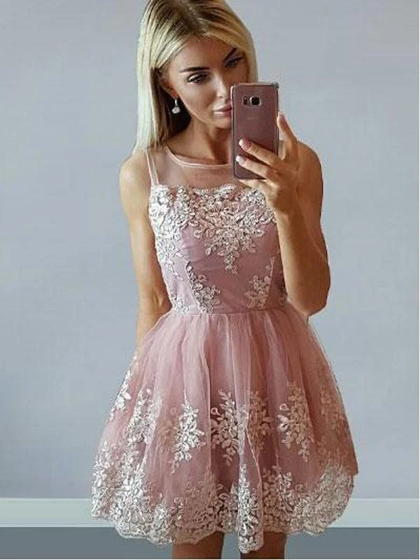 Cheap Cute Blush Pink Jewel Neck Lace A-line Mini Homecoming Dresses, CM473