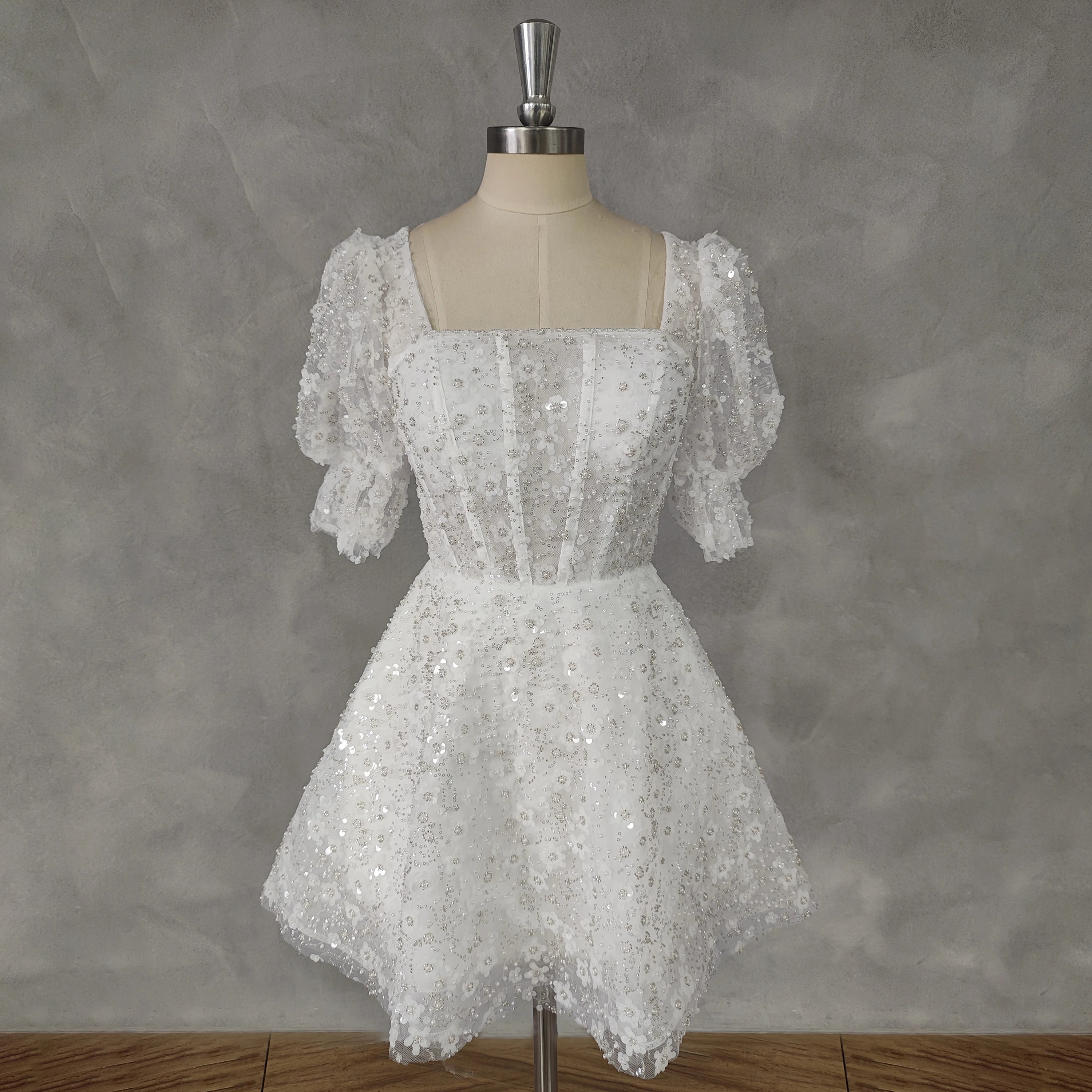 Puff Sleeves Square-Neck Applique Tulle Mini Wedding Dress For Women A-Line Zipper Back Short Above Knee Custom Made