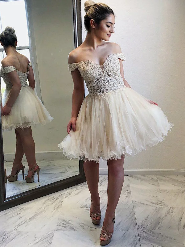 Elegant Off-shoulder Sweet Heart Lace Top A-line Tulle Mini Homecoming Dress, HD3054