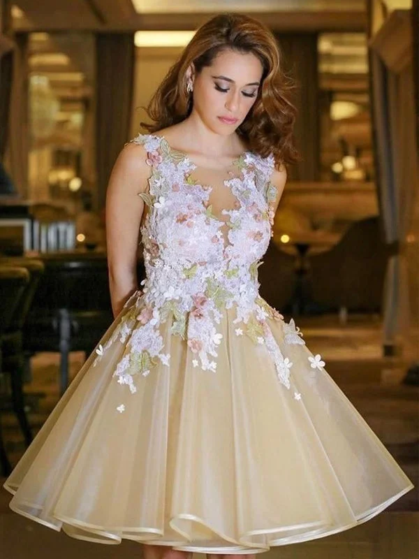 Elegant Soft Yellow Floral Appliques V-neck A-line Backless Mini Homecoming Dress, HD3050