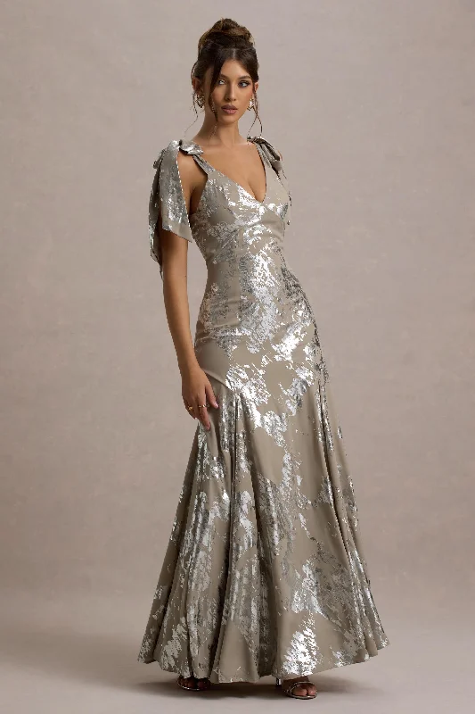 Lula | Champagne Metallic Plunge-Neck Maxi Dress With Bow Straps