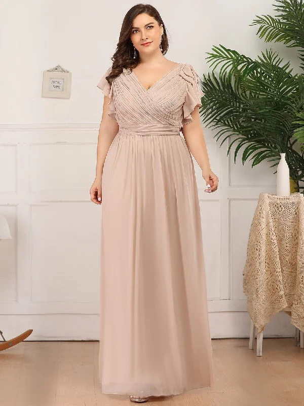 Maxi Long Chiffon Ruffles Sleeves Plus Size Wholesale Evening Dresses