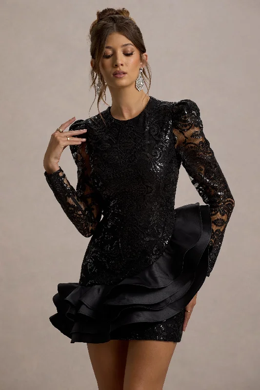 Myka | Black Sequin Long-Sleeve Ruffle Hem Mini Dress