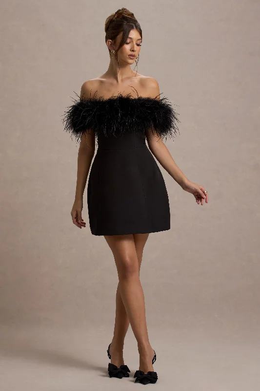 Palace | Black Bardot Mini Dress With Feather Trim