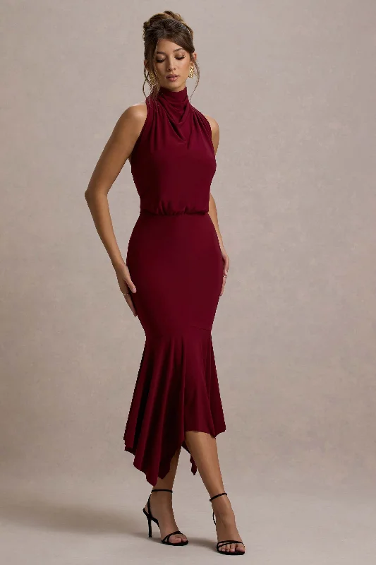 Prianyka | Berry High-Neck Draped Maxi Dress