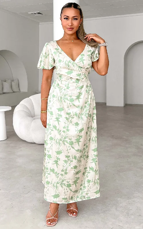 Roza Short Sleeve Maxi Dress - Cream Sage Floral