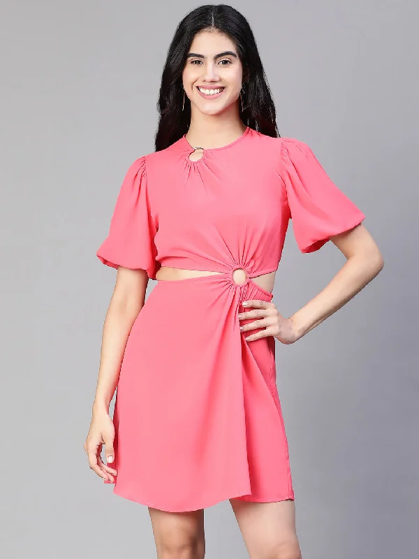 Women Pink Ring Fashioned Cut -Out Party Dress-S23105WDR002