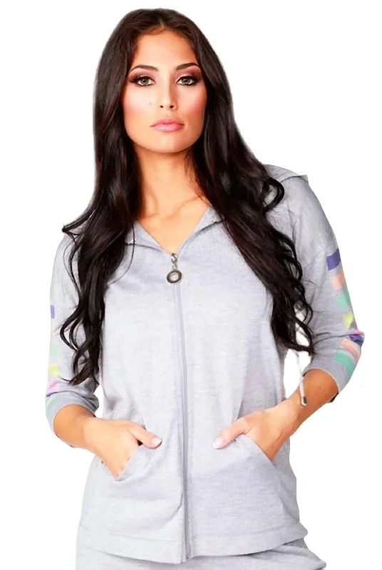 3/4 Sleeve Stripe Hoodie In Gray