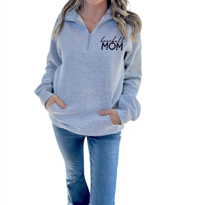 Baseball Mom - Quarter Zip Sweatshirt In Light Heather Grey