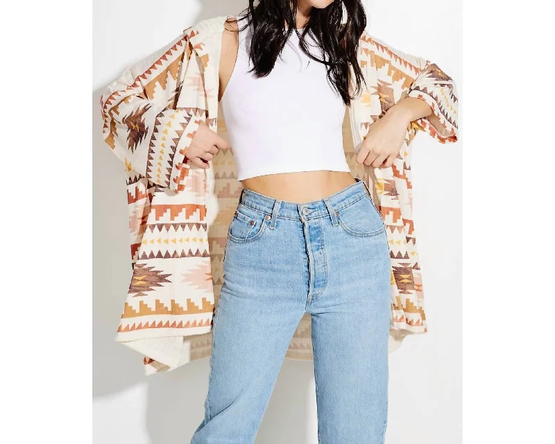 Aztec Print Hooded Kimono Cardigan In Cream